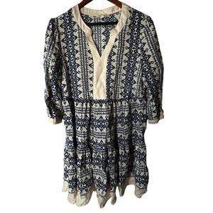 Fig + Flower Dress Size L Blue‎ White Embroidered V Neck Tiered Mini Dress
